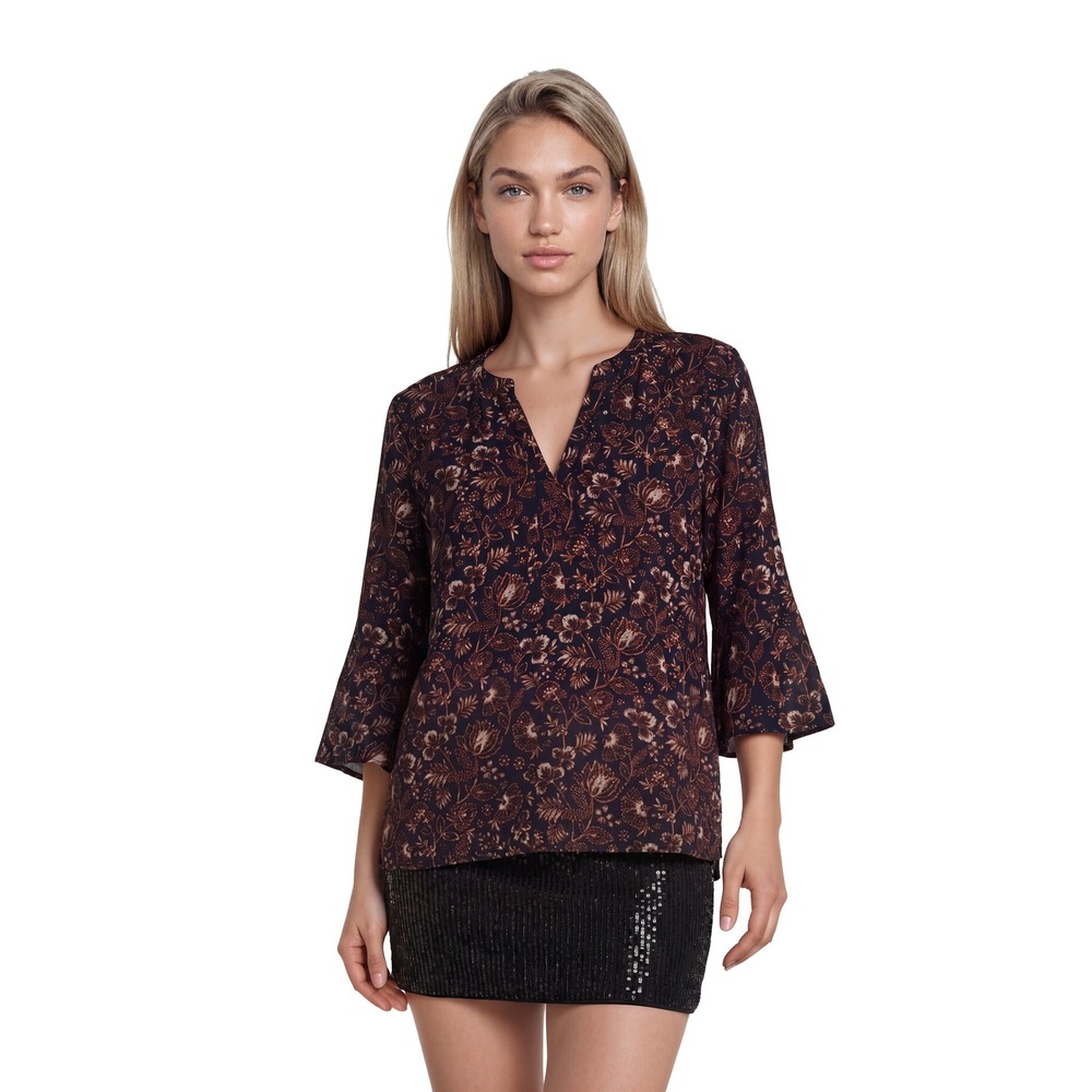 Gloria Vanderbilt Blouse Women's Size Large Navy Floral Bell Sleeve‎ Split Neck